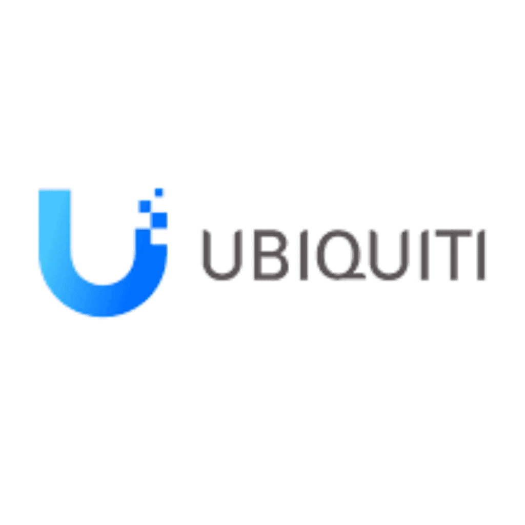 Logo de UBIQUITI en azul y gris, tecnología avanzada de telecomunicaciones.