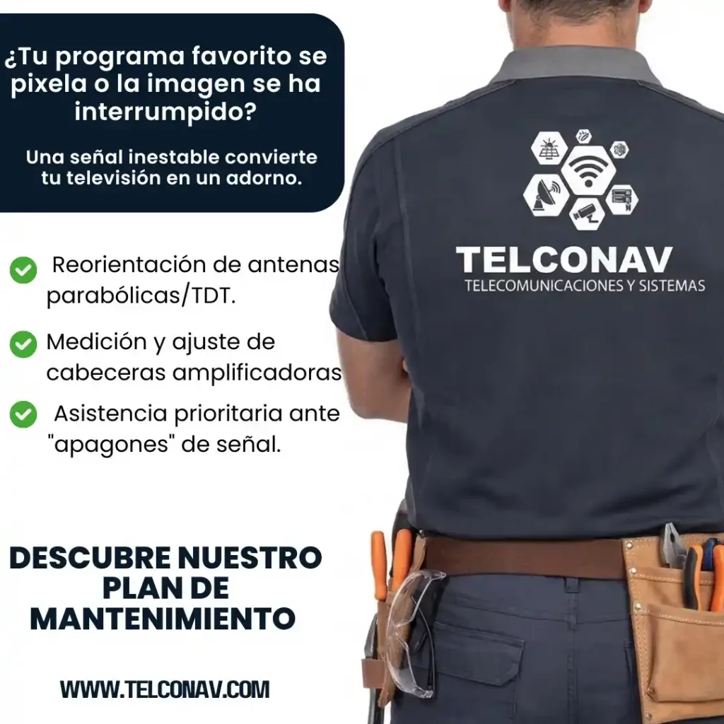 Un anuncio publicitario de TELCONAV que muestra a un técnico de espaldas con herramientas en su cinturón, ofreciendo servicios para solucionar problemas de señal de TV inestable, como pixelación o interrupciones, e incluyendo una llamada a la acción para descubrir su plan de mantenimiento y visitar su sitio web.