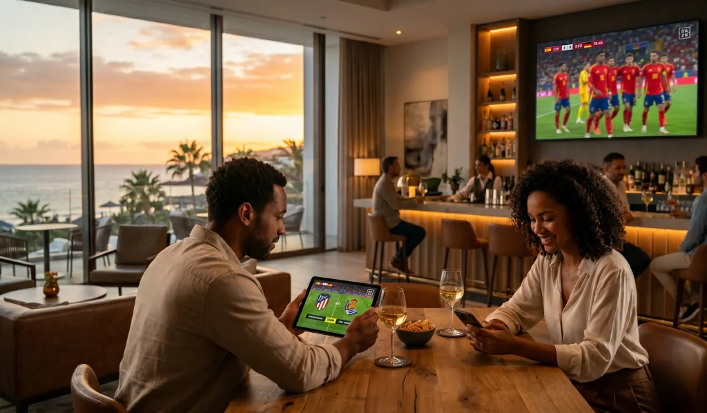 Instalación de pantallas y red WiFi de alta velocidad para retransmisión deportiva en el bar de un hotel costero.