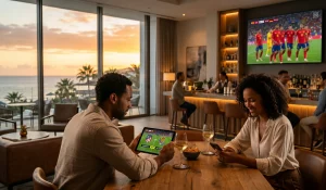 Instalación de pantallas y red WiFi de alta velocidad para retransmisión deportiva en el bar de un hotel costero.