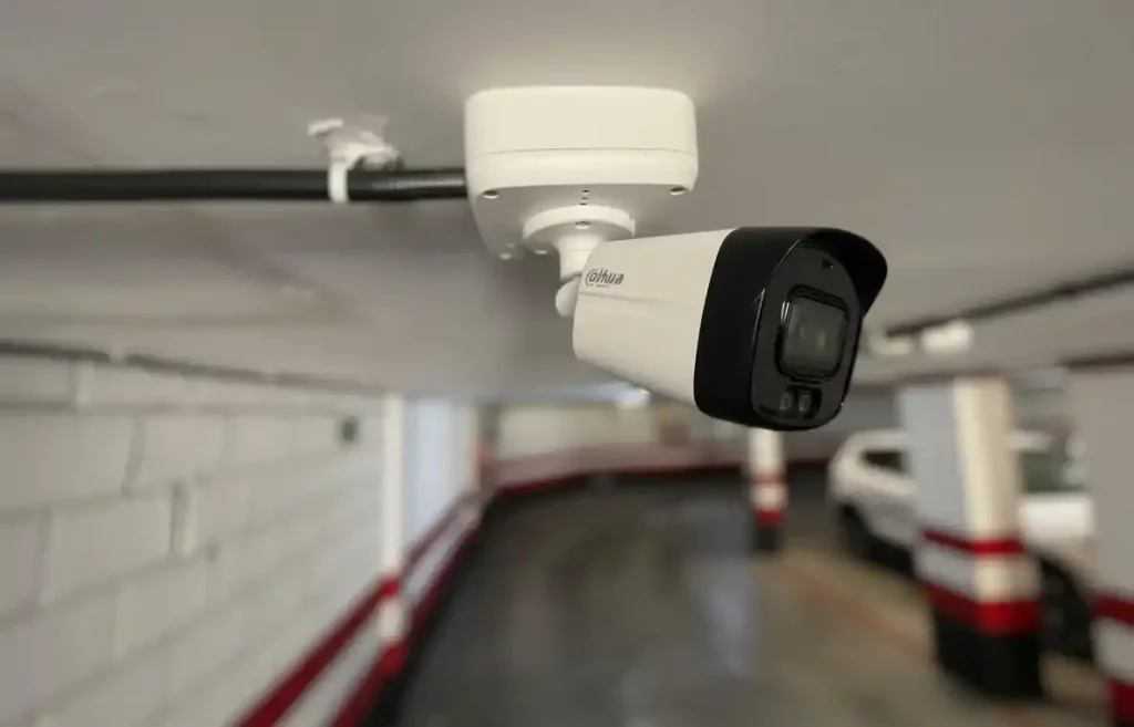 Cámara de seguridad CCTV Dahua instalada en el techo de un garaje en Tenerife.