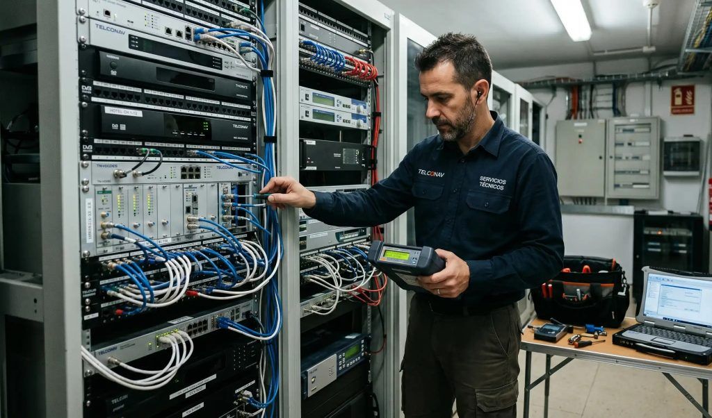 Un técnico de TELCONAV configurando equipos de cabecera de TV en un rack de hotel.